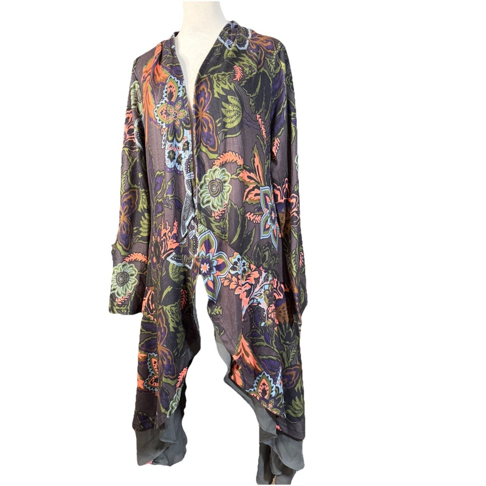 Womens Floral Paisley Open Front High Low Duster Cardigan Gray Green XL